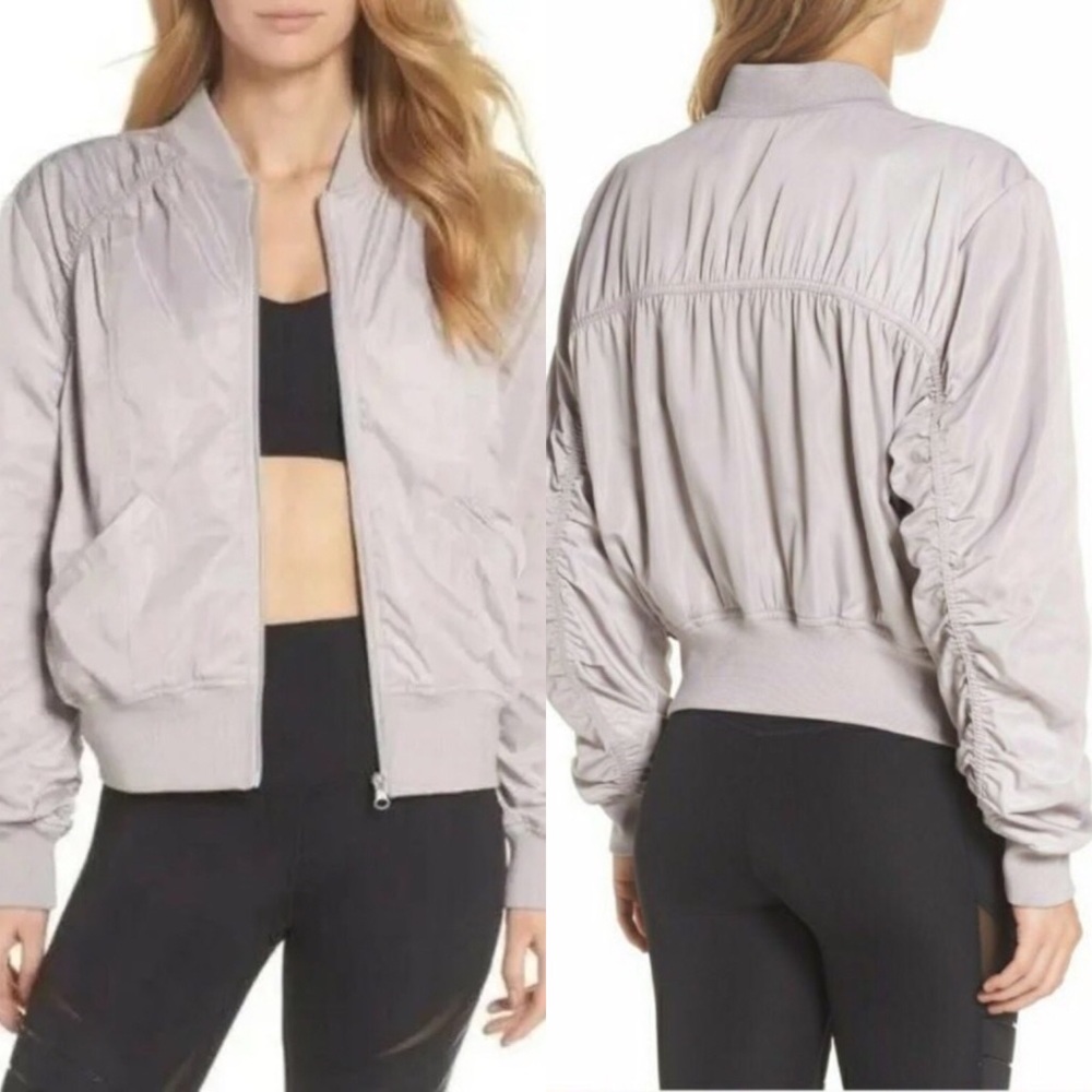 Zella Ella Luxury Satin Bomber Full Zip Front Ruched Back & Sleeve Jacket